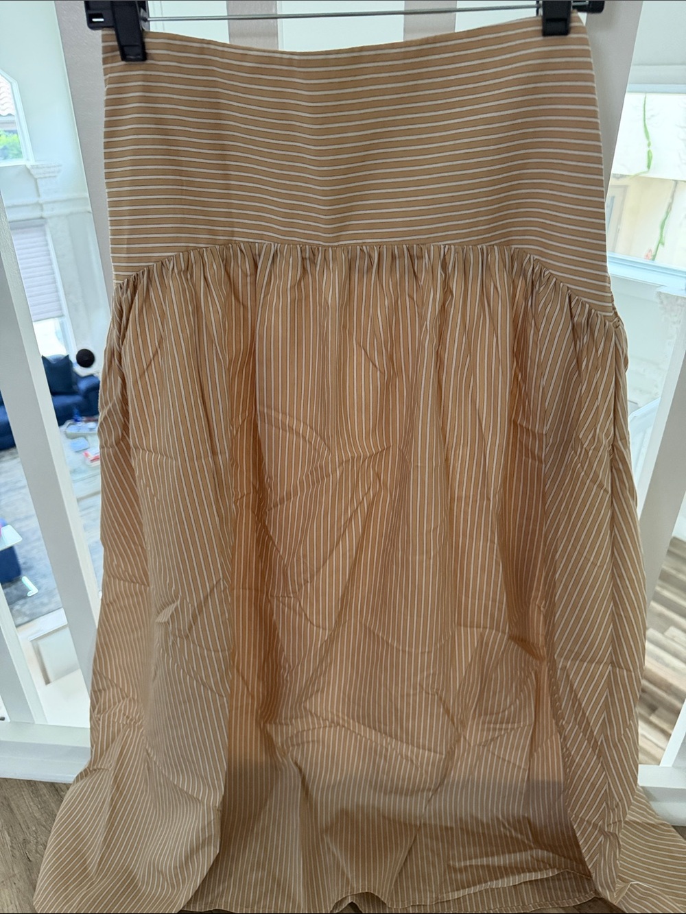 Striped Tan Maxi Skirt with Gathered Waist